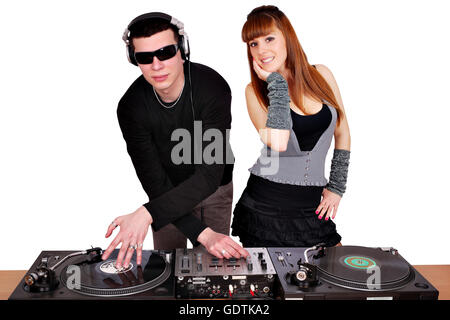 dj with sunglasses and beautiful girl Stock Photo