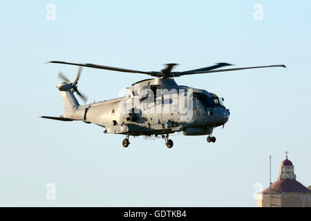 Royal Navy Agusta-Westland Merlin HM.1 [ZH843] departing runway 13 after a fuel stop. Stock Photo