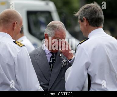 The Prince of Wales, Admiral of the Fleet, meets naval personnel during a visit to Her Majesty's Naval Base Devonport, on the third day of an annual visit to the South West. Stock Photo