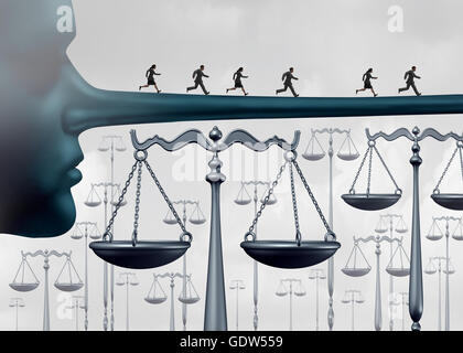 Above the law and unfair advantages concept or committing perjury symbol as a group of culprits escaping justice by running on a long liar nose over law scales as a rigged system metaphor for corruption and fraud or lack of integrity with 3D illustration Stock Photo