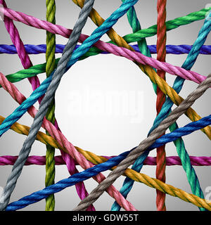 Connected divesisty and circle shaped group of ropes creating a centralized circular shape as a connect concept for business or Stock Photo