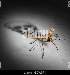 Mosquitto disease transmitting illness concept as an infected insect casting a shadow shaped as a death skull for zika virus risk that represents the danger of transmitting infection through bug bites resulting in infection and fever in a 3D illustration Stock Photo