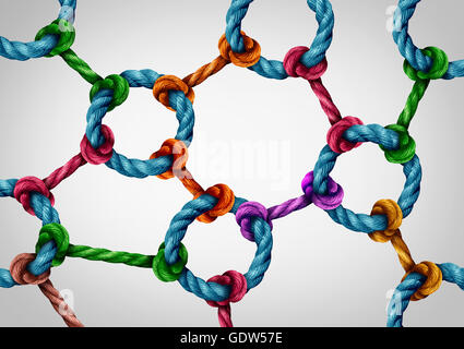Web connection network as a social media networking structure symbol made of a group of diverse ropes connected together by a circle rope icon as a global communication technology metaphor for system integration. Stock Photo