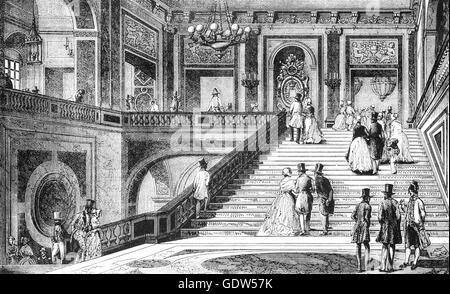 18th Century sketch of the marble staircase in Château de Versailles or the Palace of Versailles, built some 20 km (12 miles) southwest of the centre of Paris. when Louis XIV moved the royal court from Paris,  it was the seat of political power in the Kingdom of France until the royal family was forced to return to the capital in October 1789, three months after the beginning of the French Revolution. Stock Photo