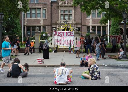 Protesters gather outside the governor's mansion in St. Paul, Minnesota, demanding justice for Philando Castile. Stock Photo