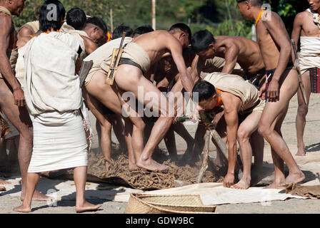 The image of Yimchungur Naga Tribe performing at Hornbill Festival, Nagaland, India Stock Photo