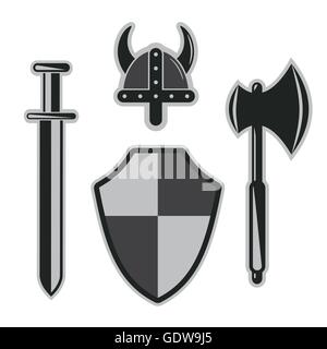 viking sword, helmet, shield armor set abstract vector illustration Stock Vector