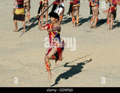 The image of Naga Tribe man performing  at Horbill festival, Nagaland, India Stock Photo