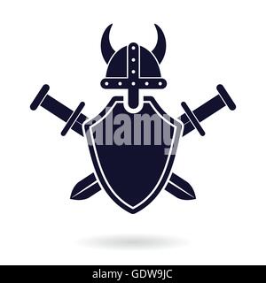 viking shield and crossed swords security protection logo abstract vector illustration Stock Vector