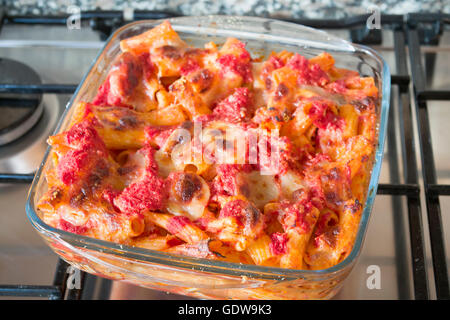 baked pasta with bolognese sauce and mozzarella Stock Photo