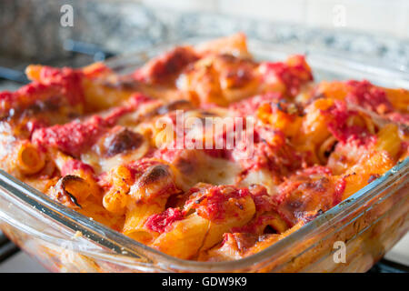 baked pasta with bolognese sauce and mozzarella Stock Photo