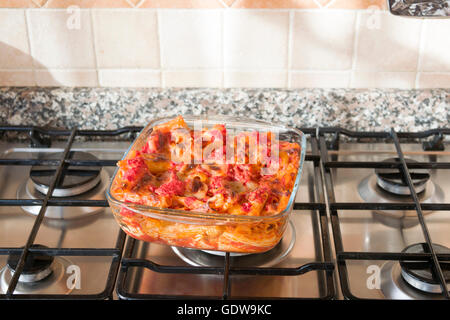 baked pasta with bolognese sauce and mozzarella Stock Photo