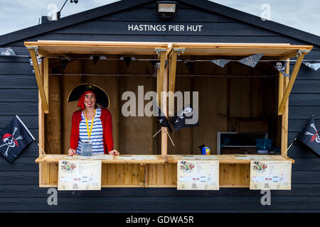 An Information Hut On Hastings Pier Decked Out In A Pirate Theme During The Annual Hastings Pirate Day, Hastings, Sussex, UK Stock Photo