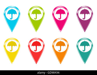 Set of colorful rounded icons for markers on maps with umbrella symbol Stock Photo