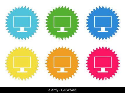 Set of colorful stickers icons with tv screen of computer monitor symbol in blue, green, yellow, red and orange colors Stock Photo