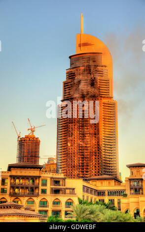 A hotel on fire in Dubai Downtown on January 1st, 2016 Stock Photo