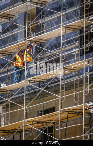 Two workers in bright safety vests standing on scaffolding of tall office building under construction Stock Photo