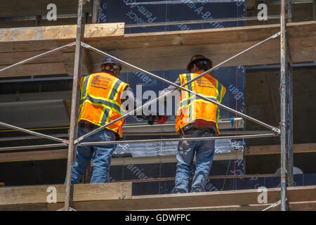 Two workers in bright safety vests standing on scaffolding and working on building under construction Stock Photo