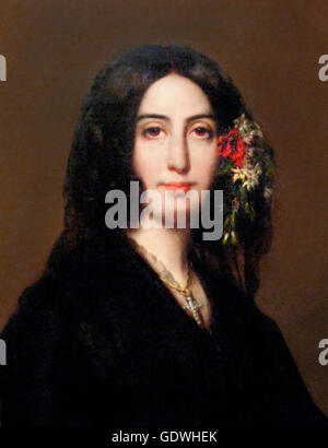 George Sand. Portrait of the French writer, George Sand (Amantine-Lucile-Aurore Dupin: 1804-1876), famous for her affair with the composer Frederic Chopin. From a portrait by Auguste Charpentier, 1838. Stock Photo