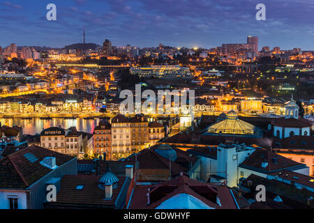 Night city skyline with Douro river and Vila Nova de Gaia district, Porto, Portugal Stock Photo