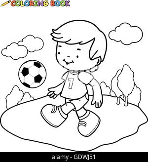 Black and white outline image of a boy playing soccer. Coloring book page. Stock Vector