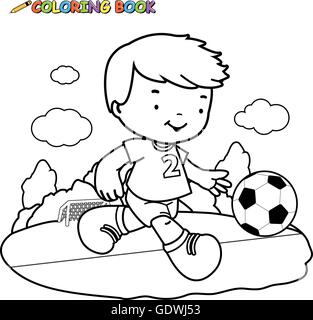 Black and white outline image of a boy playing soccer Stock Vector