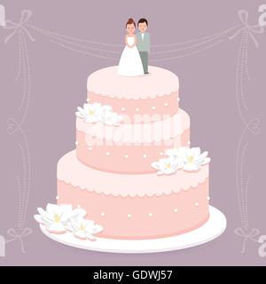 Wedding cake with bride and groom cake toppers. Stylish pink wedding cake. Vector Illustration Stock Vector