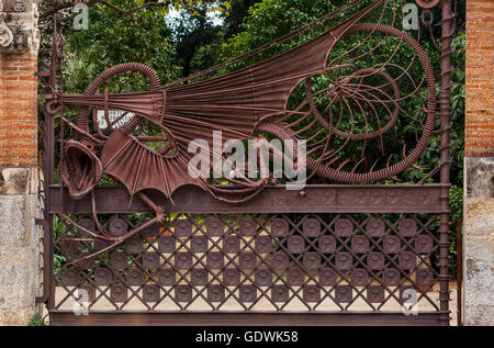 Dragon on iron gate at Pavellons de la Finca Guell, by Antonio Gaudi. Barcelona. Catalonia. Spain Stock Photo