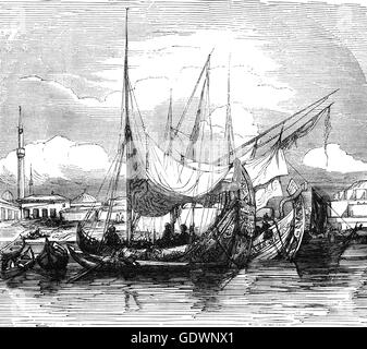 19th Century view of boats on the Bosphorus at Constantinople, previously Byzantium,and now Istanbul. Stock Photo