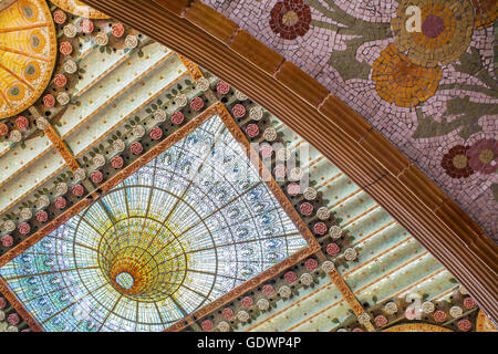 Palau de la Musica Catalana, detail of ceiling,giant skylight, by Lluis Domenech i Montaner, Barcelona, Spain Stock Photo