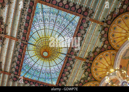 Palau de la Musica Catalana, detail of ceiling,giant skylight, by Lluis Domenech i Montaner, Barcelona, Spain Stock Photo