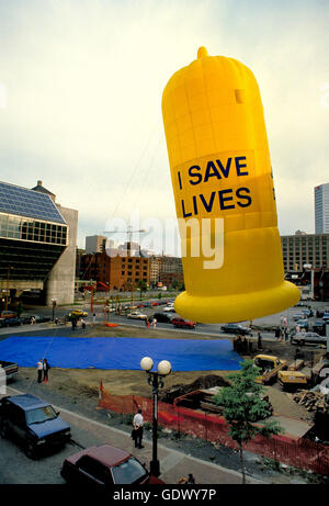 A special shape hot air balloon in the form of a condom for AIDS awareness at the Montreal International Conference on AIDS. Stock Photo