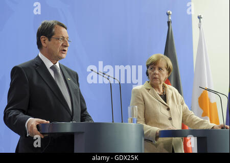 Press conference with German Chancellor Angela Merkel and Cyprus's President Nikos Anastasiadis in Berlin, 2014 Stock Photo
