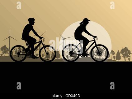 Active cyclists bicycle riders in countryside nature landscape background illustration vector Stock Vector