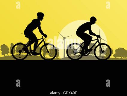 Active cyclists bicycle riders in countryside nature landscape background illustration vector Stock Vector