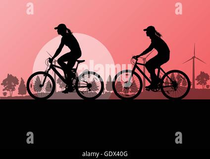 Active cyclists bicycle riders in countryside nature landscape background illustration vector Stock Vector