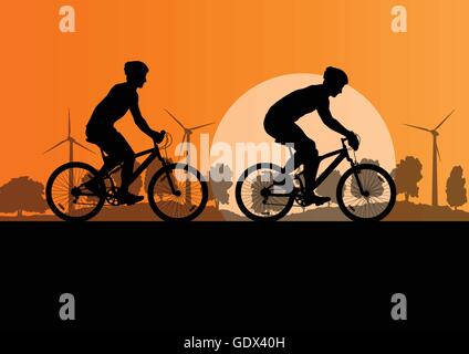 Active cyclists bicycle riders in countryside nature landscape background illustration vector Stock Vector