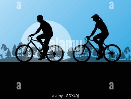 Active cyclists bicycle riders in countryside nature landscape background illustration vector Stock Vector