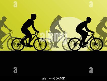 Active cyclists bicycle riders in countryside nature landscape background illustration vector Stock Vector