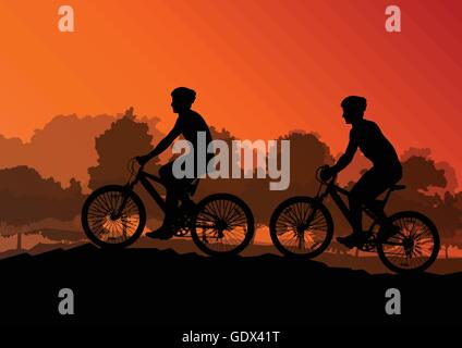 Active cyclists bicycle riders in wild forest nature landscape background illustration vector Stock Vector