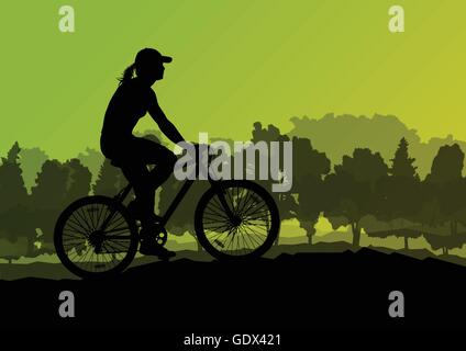 Active cyclists bicycle riders in wild forest nature landscape background illustration vector Stock Vector