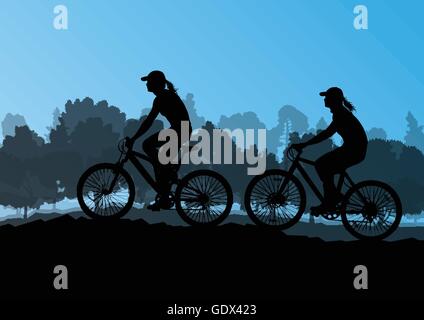 Active cyclists bicycle riders in wild forest nature landscape background illustration vector Stock Vector