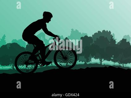 Active cyclists bicycle riders in wild forest nature landscape background illustration vector Stock Vector