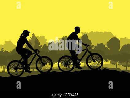 Active cyclists bicycle riders in wild forest nature landscape background illustration vector Stock Vector