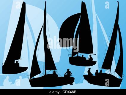 Yacht sports sailing boat detailed collection vector background illustration Stock Vector