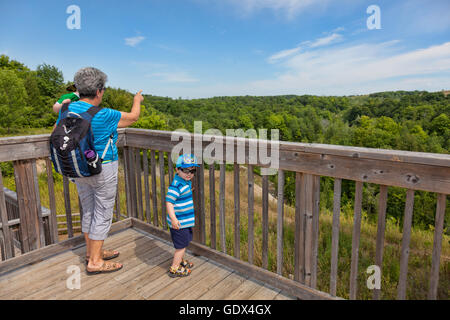 Mother and child at lookout tower,Rouge National Urban Park,Rogue Vally Park located in Metropolitan of Toronto,Ontario,Canada Stock Photo