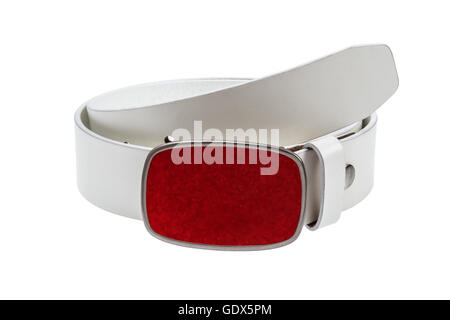 White leather  belt with metal  red buckle on white background Stock Photo