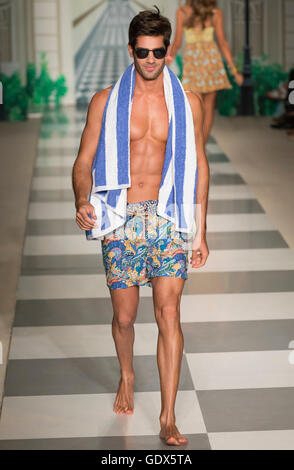 MIAMI BEACH, FL - JULY 17, 2016: A model walks the runway at the Maaji 2017 Collection At Funkshion Swim Fashion Week Stock Photo