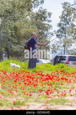family resting in the garden with blooming poppies Stock Photo