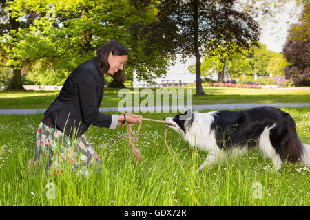 Smiling young woman pulling rope with her strong border collie dog Stock Photo